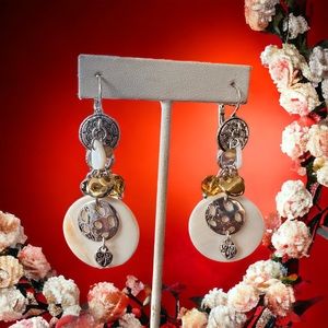 Dangling Pierced Shell and Charm Earrings Silver & Gold